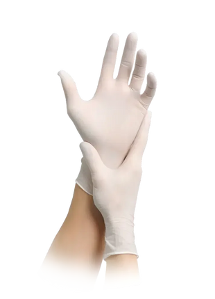 Hand zieht weißen Einweghandschuh an, Hygiene und medizinischer Schutz