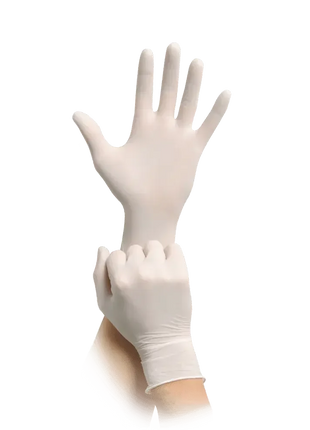 Handschuhe aus Latex, medizinisch, weiß, werden von einer Hand angezogen, Hygieneprodukt