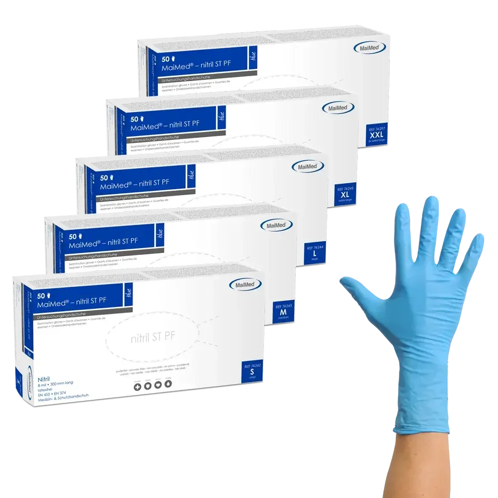 nitril handschuhe 100 stück MaiMed Nitril ST PF Nitrilhandschuhe 100 Stück Blau Extra Lang Extra Stark | SeniPax.de | Großhandel | Hygieneartikel | Reinigungsmittel | Inkontinenzprodukte