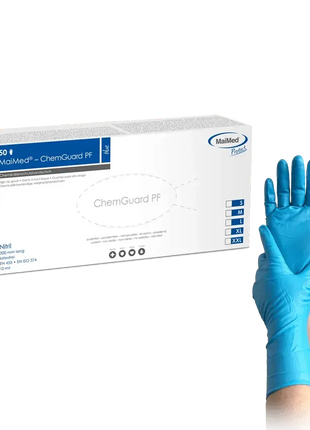 Blaue Nitril-Einmalhandschuhe, unsteril, puderfrei, MaiMed ChemGuard PF, medizinischer Handschutz