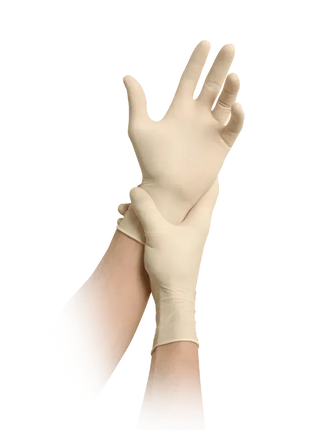 Hand zieht puderfreien Einmal-Latexhandschuh an, medizinisches Hygieneprodukt, Schutz