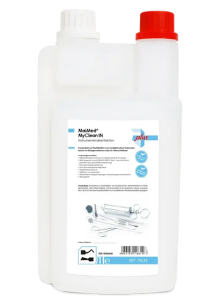 MaiMed MyClean IN Instrumentendesinfektion Flasche mit Dosierkammer, geeignet für medizinische Instrumente, weiße Kunststoffverpackung mit Etikett, professionelle Hygiene