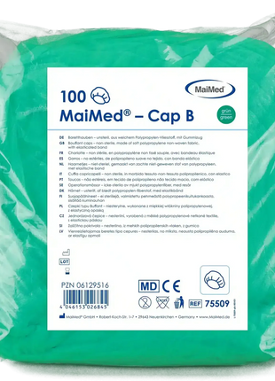 Grüne Einweg-OP-Hauben MaiMed Cap B, 100 Stück, hygienischer Kunststoffbeutel, medizinisch