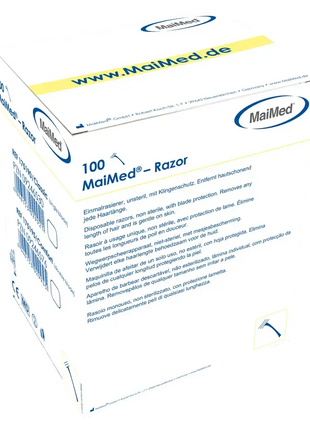 MaiMed Einmalrasierer Box, hygienisch, unsteril, mit Klingenschutz, 100 Stück, Medizinprodukt