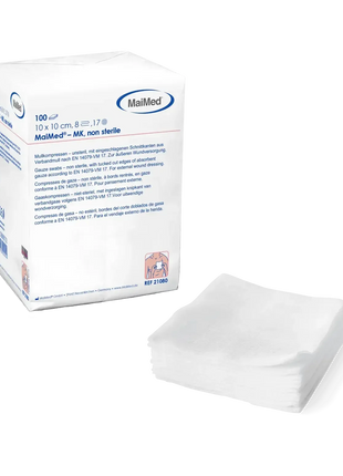 Verbandmullkompressen 10x10 cm unsteril für Wundversorgung, weiße Gazetücher vor Verpackung