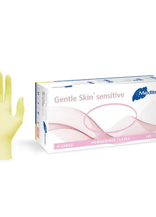 Latex Einmalhandschuh gelb, puderfrei, neben Verpackung Meditrade Gentle Skin sensitive, Größe X-Large, 100 Stück
