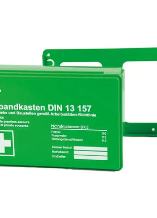Grüner Verbandskasten DIN 13157 für Betriebe und Baustellen, Erste-Hilfe-Kasten mit Wandhalterung