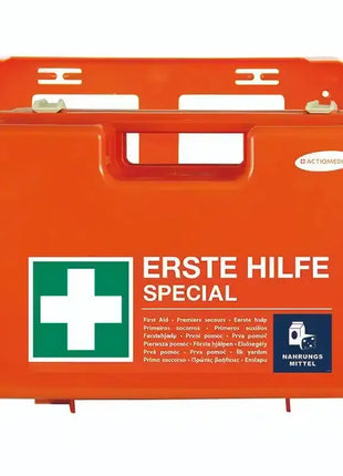 Erste-Hilfe-Koffer orange, mit weißem Kreuz und Aufschrift SPECIAL, geeignet für Notfall und Hygiene