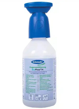 Augenspüllösung Flasche mit blauer Augenschale, sterile Notfall-Augendusche, Erste Hilfe Medizinprodukt