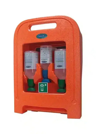 Augenspülstation mit drei Flaschen im orangefarbenen Koffer, Notfall Erste Hilfe Hygiene