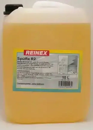 Kunststoffkanister mit 10 Liter Reinex Spülfix R2 Spülmittel, gelbe Flüssigkeit für professionelle Reinigung