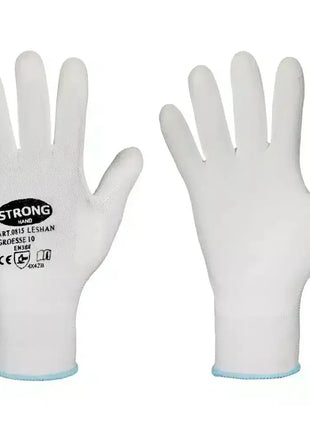 Weiße Arbeitshandschuhe, Größe 10, aus robustem Material für Hygiene und Schutz, Vorder- und Rückansicht.