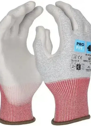 Arbeitshandschuhe mit grauer Beschichtung, rot-grauem Strickbund und PRO FIT Etikett, geeignet für Schutz und Hygiene