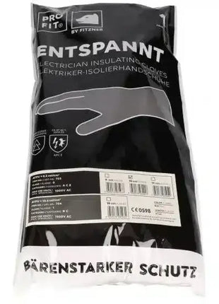 Schwarze Verpackung mit Elektriker-Isolierhandschuhen, Schutzklasse und Produkthinweisen sichtbar