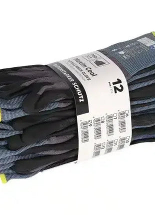 Packung mit 12 schwarzen Arbeitshandschuhen mit gelben Bündchen, PSA, Handschutz