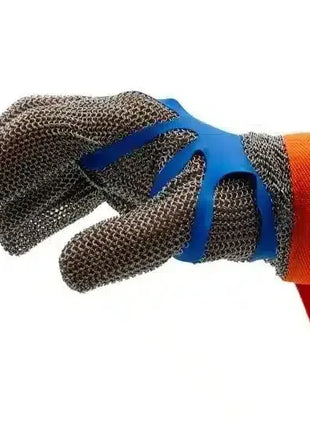 Schutzhandschuh aus Edelstahl mit blauem Kunststoff und rotem Verschluss, ideal für Hygiene und Arbeitsschutz.