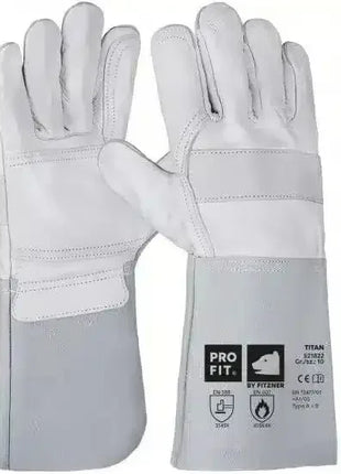 Graue Schutzhandschuhe aus Leder mit langen Stulpen, geeignet für Arbeitsschutz und Hitzeschutz
