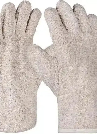 Paar weiße Frottee-Handschuhe für Hygiene, Schutz und medizinische Anwendungen