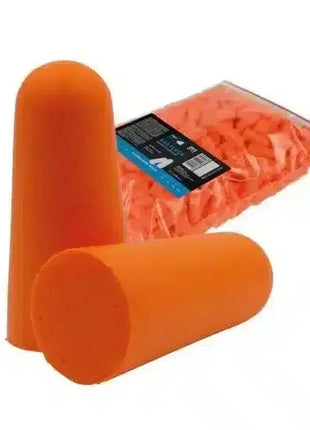 Orange Schaumstoff-Ohrstöpsel zur Lärmreduzierung, Großpackung im Hintergrund
