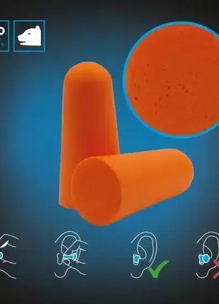 Orange Schaumstoff Ohrstöpsel für Gehörschutz, Hygieneschutz, Einweg, Anwendung illustriert
