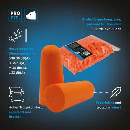 Gehörschutzstöpsel "Prosoft 38", orange, SNR 38 dB, 250 Paar lose/Beutel