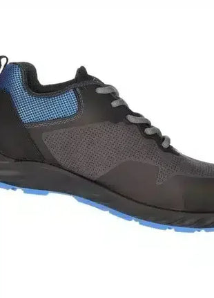 Schwarzer Sicherheitsschuh mit blauen Details, rutschfeste Sohle, Schutzschuh für Arbeit.
