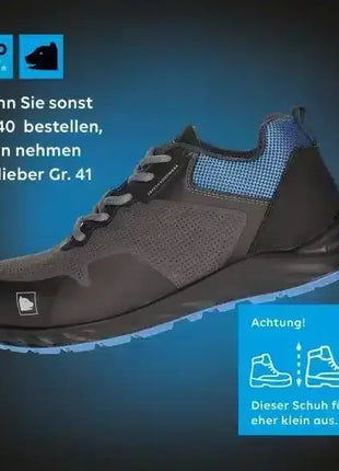 Schwarzer Sicherheitsschuh mit blauen Details, atmungsaktiv, Warnhinweis zur Größenwahl, Profi-Arbeitsschuh.