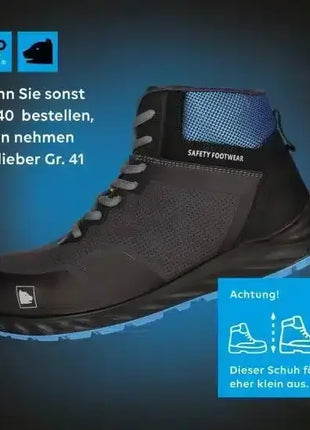 Schwarzer Sicherheitsschuh mit blauer Sohle für Arbeitsschutz, Produktabbildung mit Größenhinweis