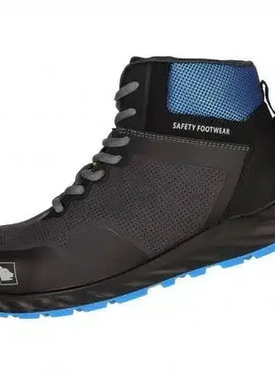 Schwarzer Sicherheitsschuh mit blauer Sohle und Verstärkung, moderner Arbeitsschutz Sneaker