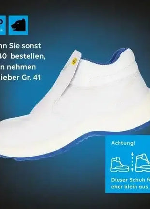 Weißer Sicherheitsschuh mit Klettverschluss, rutschfeste Sohle, Hinweis auf kleine Passform, Arbeitsschutz