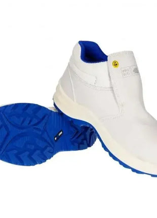 Weiße Sicherheitsschuhe mit rutschfester blauer Sohle, ideal für Hygiene- und Medizinbereiche.