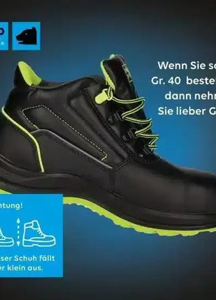 Schwarzer Sicherheitsschuh mit neongelben Details, PROFI Arbeitsschutz, Hinweis auf kleine Passform