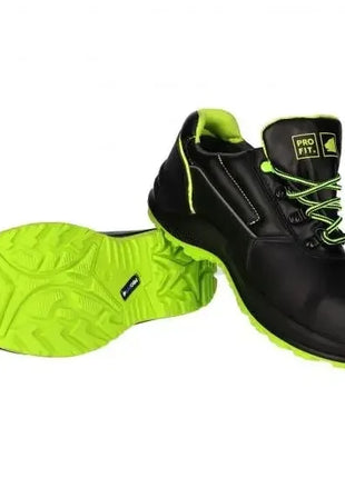 Schwarze Sicherheitsschuhe mit neon-grüner Sohle und PRO FIT Logo, rutschfest, Arbeitsschutz