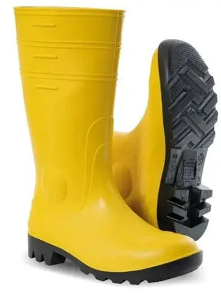 Gelbe Gummistiefel mit schwarzer Profilsohle, rutschfest, für Arbeitsschutz und Hygiene geeignet