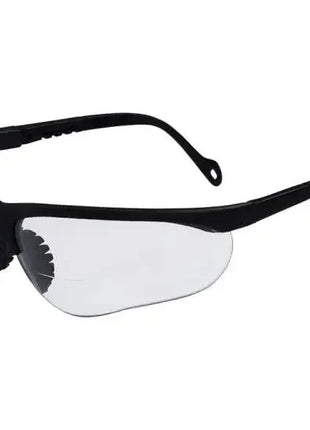 Schutzbrille mit schwarzem Rahmen und klaren Gläsern für Arbeitsschutz und Hygiene