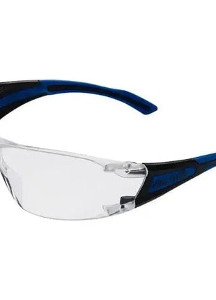 Schutzbrille mit klaren Gläsern und blau-schwarzem Rahmen für Arbeitsschutz und Hygiene