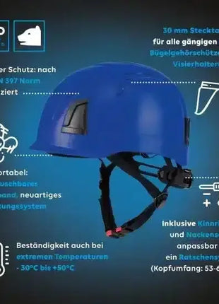 Blauer Schutzhelm mit Kinnriemen, austauschbarem Stirnband, nach DIN EN 397 zertifiziert, für Arbeitsschutz geeignet.