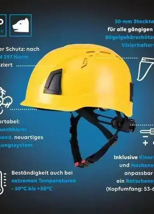 Gelber Schutzhelm mit Kinnriemen, zertifiziert nach DIN EN 397, mit Belüftung und verstellbarer Größe, für Arbeitsschutz und Sicherheit auf Baustellen.