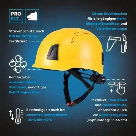 Gelber Schutzhelm mit Kinnriemen, zertifiziert nach DIN EN 397, mit Belüftung und verstellbarer Größe, für Arbeitsschutz und Sicherheit auf Baustellen.