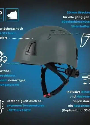 Schutzhelm mit Kinnriemen, Stecktaschen, Lüftungssystem, nach DIN EN 397 zertifiziert.
