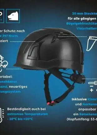Schwarzer Industrieschutzhelm mit Kinnriemen, zertifiziert nach DIN EN 397, belüftet, verstellbar, geeignet für Arbeitsschutz.