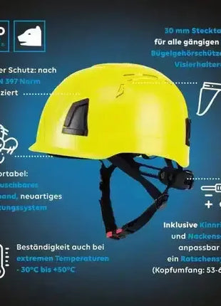 Gelber Profi-Schutzhelm mit Kinnriemen, Belüftungssystem und Seitentaschen, DIN EN 397 zertifiziert, für Arbeitsschutz geeignet.