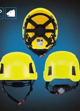 Gelber Arbeitsschutzhelm mit Kinnriemen, Sicherheitshelm in drei Ansichten, PSA Kopfschutz