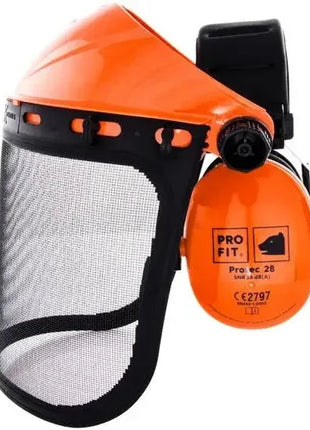 Schutzvisier mit Gehörschutz, orange, Gitterschild, PSA für professionelle Sicherheit