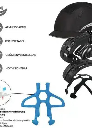 Leichter, atmungsaktiver Sicherheitshelm mit verstellbarer Größe, stoßdämmender Polsterung und hoher Sichtbarkeit, ideal für Schutz und Tragekomfort.