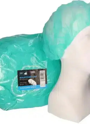 Einweg Haarnetz grün, auf Modellkopf und in Verpackung, Medizin Hygiene Kopfbedeckung