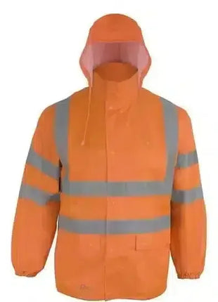 Leuchtend orange Warnschutzjacke mit Kapuze und reflektierenden Streifen, PSA Arbeitskleidung