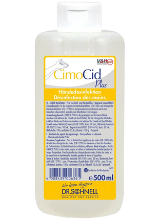 CimoCid Plus Händedesinfektion 500ml Flasche, antibakterielles Desinfektionsmittel für Hände, klar mit gelbem Etikett