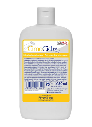 CimoCid Plus Händedesinfektion Flasche 150ml, medizinisches Desinfektionsmittel, weiße Kunststoffflasche mit gelbem Etikett