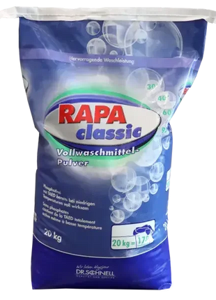 RAPA classic Vollwaschmittel Pulver 20 kg, blau-weiße Verpackung mit Blasenmuster, Waschpulver für professionelle Hygiene